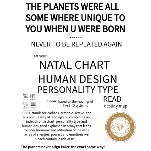 Natal Chart, Human Design and Personality Type combination reading, plus Destiny Map
